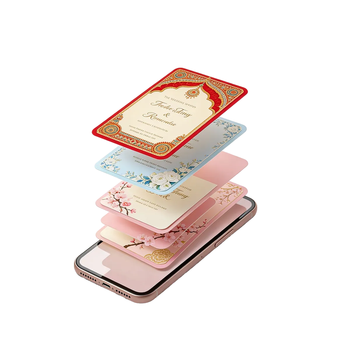 Stack of wedding invitation cards floating above a phone